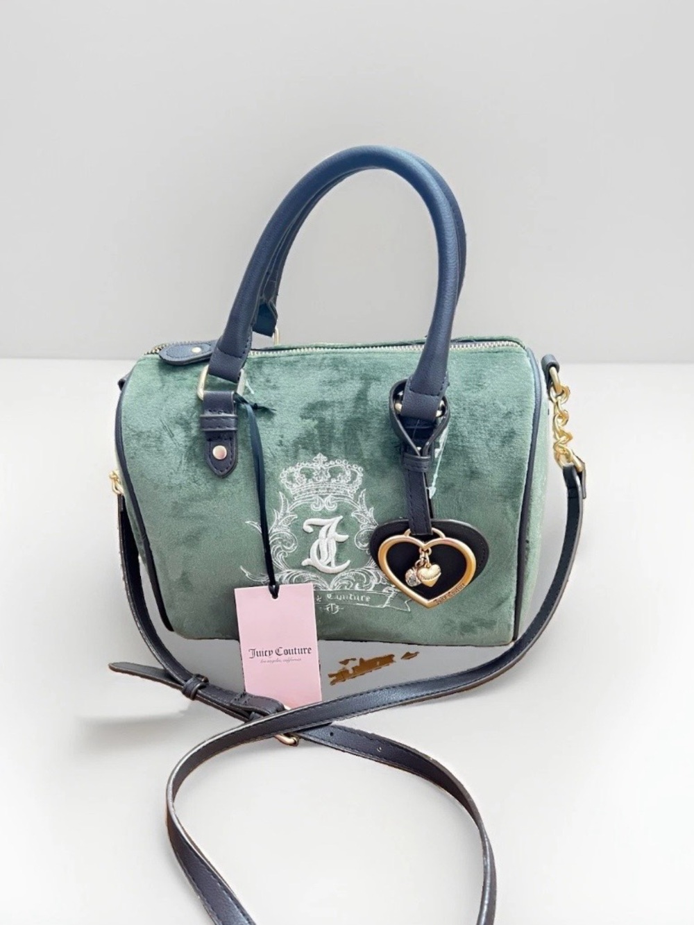 Juicy Couture Green Velvet Satchel with Navy Trim & Heart Charm